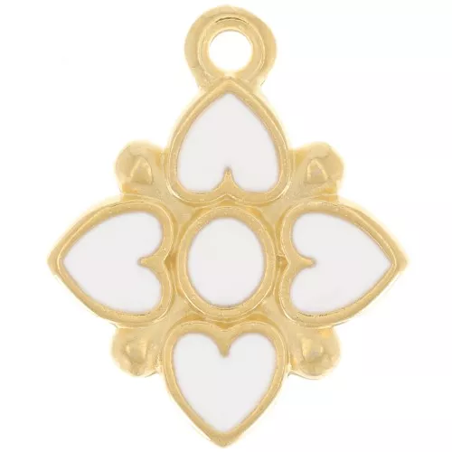 Pendente fiore 17,5x14mm cuore in resina epossidica Dorata oro fino- Bianco x1