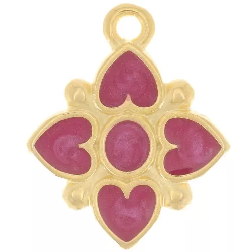 Pendente fiore 17,5x14mm cuore in resina epossidica Dorata oro fino Prugna perlato