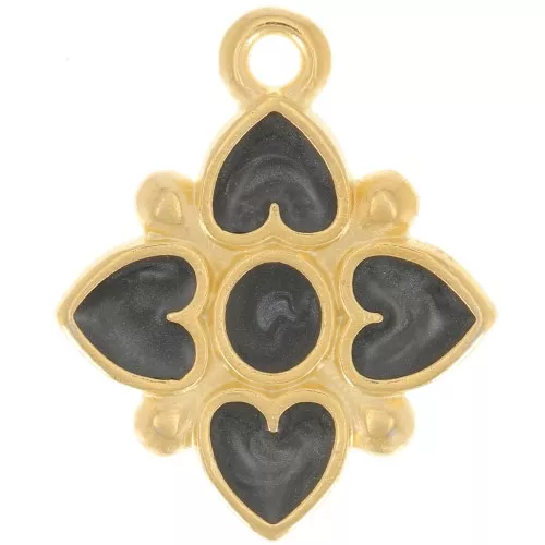 Pendente fiore 17,5x14mm cuore in resina epossidica Dorata oro fino- Perla nera
