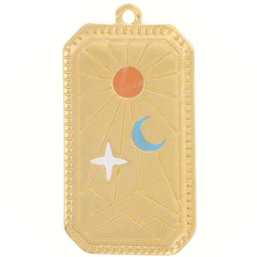 Pendente rettangolo 33x17mm con motivo sole e luna -dorato oro fino x1