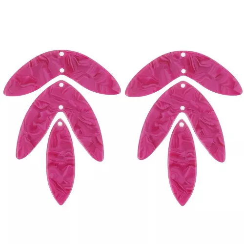 Set di 6 ciondoli a forma di foglia in acetato - 62x45 mm da montare - Lampone marmorizzato