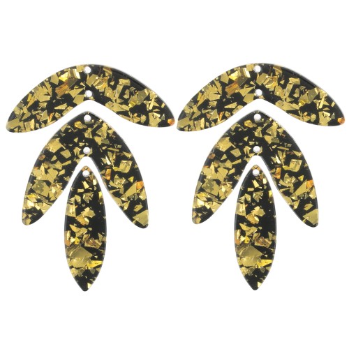 Set di 6 pendenti a forma di foglia - Acetato 62x45 mm da montare - Glitter oro - Nero