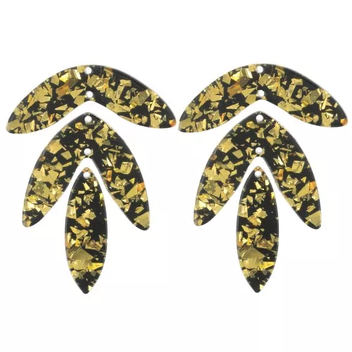 Set di 6 pendenti a forma di foglia - Acetato 62x45 mm da montare - Glitter oro - Nero