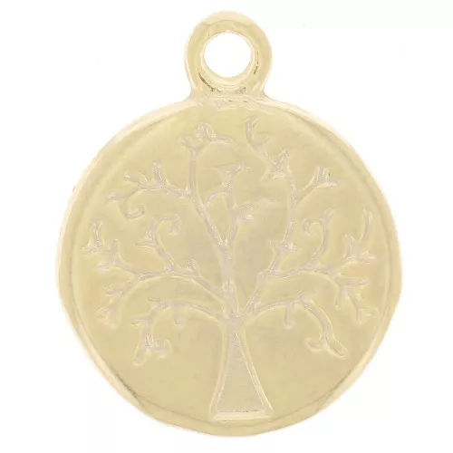 Ciondolo rotondo 12 mm - albero della vita e scrittura - Dorato oro fino x1