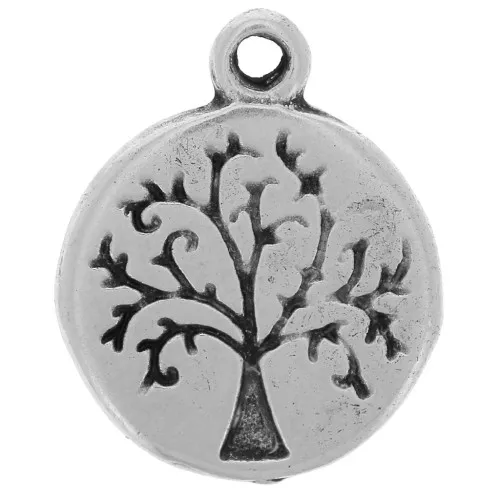 Ciondolo rotondo 12 mm - albero della vita e scrittura - Argento anticato x1