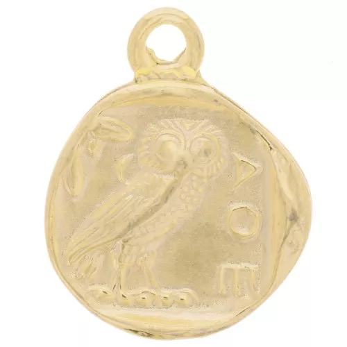 Pendente forma di moneta greca 21 mm - design gufo -Dorato oro fino x1