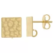 Orecchini perno quadrati martellati 10 mm con anello aperto - Dorato oro fino x2