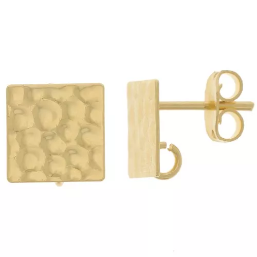 Orecchini perno quadrati martellati 10 mm con anello aperto - Dorato oro fino x2