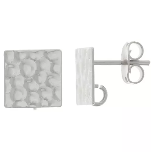 Orecchini perno quadrati martellati 10 mm con anello aperto - Placcati argento x2