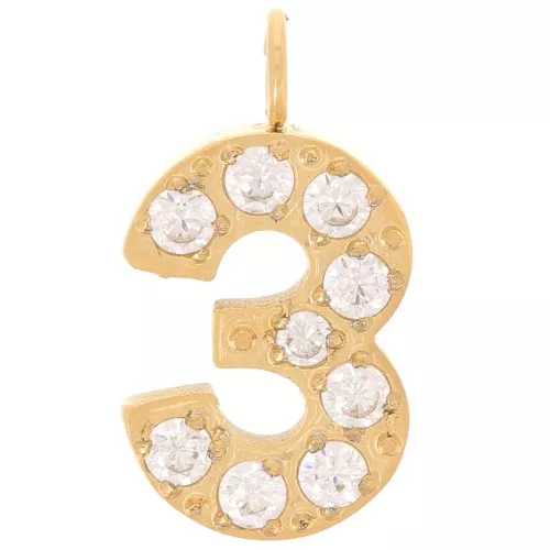 Ciondolo cifra da 13 mm ossidi di zirconio- 3 -Acciaio inossidabile 316L dorato x1