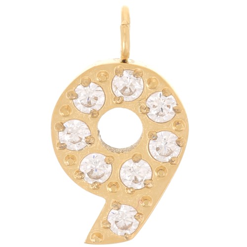Ciondolo a cifra 13 mm con ossidi di zirconio - 9 - Acciaio inox 316L dorato x1