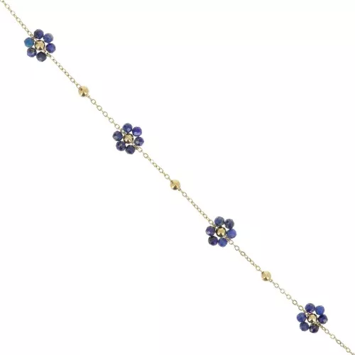 Catena di pietre dure e fiori - Acciaio inossidabile placcato oro 304L - Lapislazzuli x50cm
