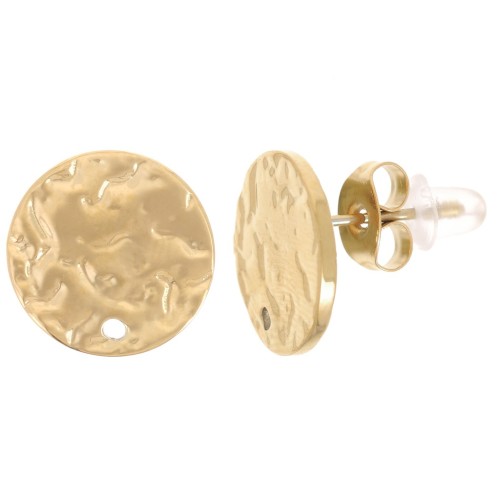 Orecchini tondi martellati 12 mm con un foro - Acciaio inossidabile 316L Oro x2