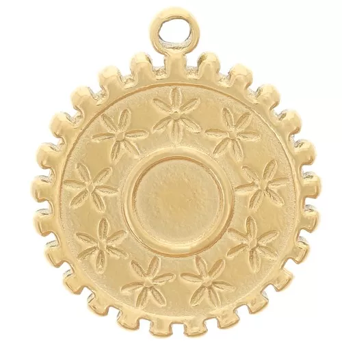 Ciondolo rotondo da 15 mm - motivo floreale - per cabochon da 4 mm - acciaio inossidabile 304 Dorato x1