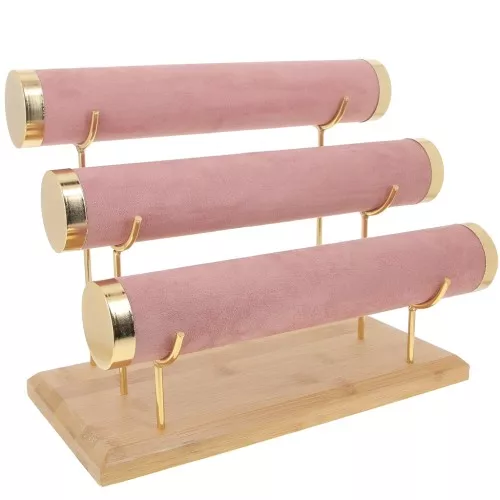 Portagioie per bracciali - 3 livelli - 24x30 cm bambù e camoscio rosa x1