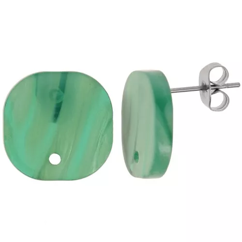 Orecchini perno quadrati a in acetato 15mm - Perla verde multipla marmorizzata x2