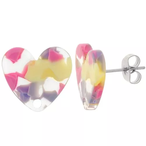 Orecchini perno cuore in acrilico 14x15,5 mm - Terrazzo Vanilla - Rosa pastello x2