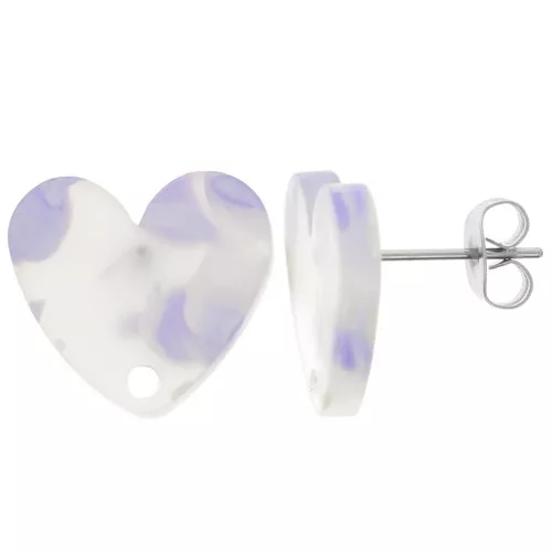 Orecchini perno cuore in acrilico 14x15,5 mm - Viola Terrazzo - Bianco perlato x2