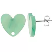 Orecchini perno cuore in acrilico 14x15,5 mm - Perla verde multipla marmorizzata x2