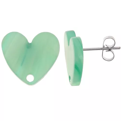 Orecchini perno cuore in acrilico 14x15,5 mm - Perla verde multipla marmorizzata x2