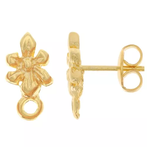 Orecchini perno fiore 13x7 mm con anello chiuso - dorato con oro fino x2