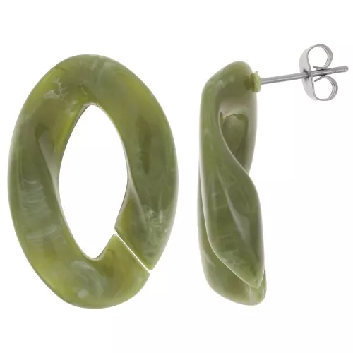 Orecchini perno ovali ritorti 29,5x20 mm - Oliva marmorizzata - Bianco x2
