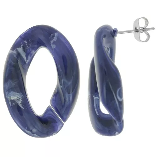 Orecchini perno ovali ritorti 29,5x20 mm - Blu notte marmorizzato - Bianco x2