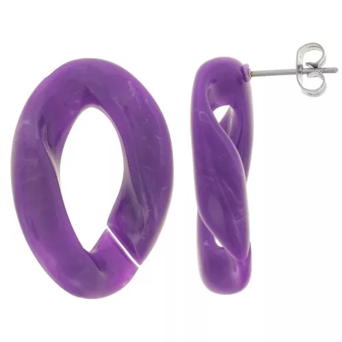 Orecchini perno ovali ritorti 29,5x20 mm - Viola marmorizzato - Bianco x2