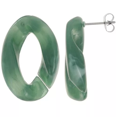 Orecchini perno ovali ritorti 29,5x20 mm - Verde scuro marmorizzato - Bianco x2