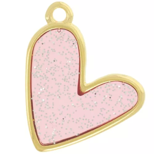 Pendente cuore 21x18 mm in vitrail epossidico - Dorato - Rosa - Argento glitterato