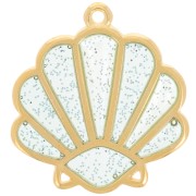 Pendente a forma di conchiglia 25x23mm epoxy vitrail - Dorato con oro fino - Brillantini blu argento