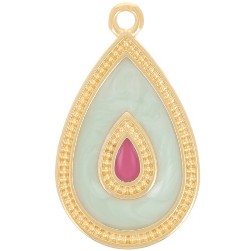 Ciondolo a goccia 27x16 mm in resina epossidica - Dorato con oro fino - Perla di menta x1