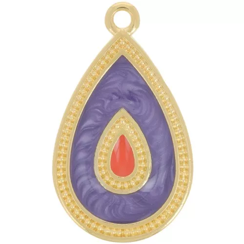 Pendente a goccia 27x16 mm in resina epossidica - Dorato con oro fino - Viola perlato x1