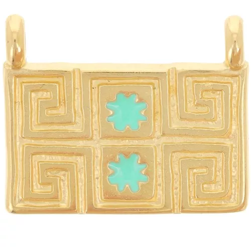 Pendente a rettangolo 16x20 mm - Motivo etnico - Dorato in oro fino - Turchese x1