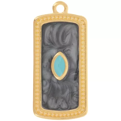Pendente rettangolare 29x14 mm in resina epossidica - Dorato con oro fino - Nero perlato x1