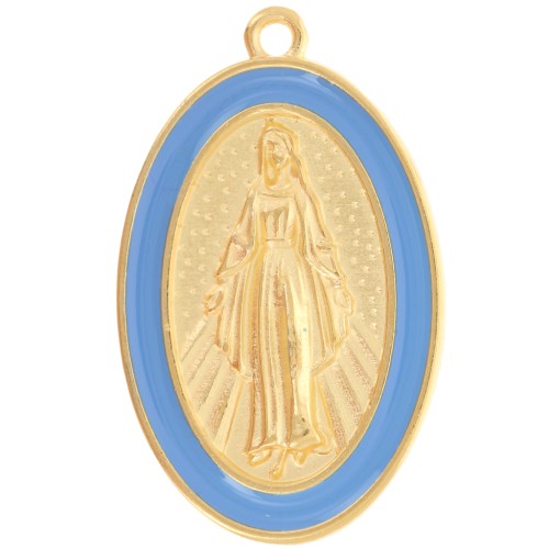 Pendente ovale Madonna 32x20 mm in resina epossidica - Dorato in oro fino - Blu