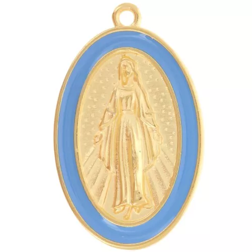 Pendente ovale Madonna 32x20 mm in resina epossidica - Dorato in oro fino - Blu
