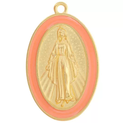 Pendente ovale Madonna 32x20 mm in resina epossidica - Dorato in oro fino - Salmone