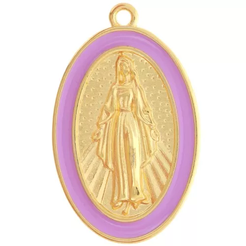 Pendente ovale Madonna 32x20 mm in resina epossidica - Dorato in oro fino - Lilla