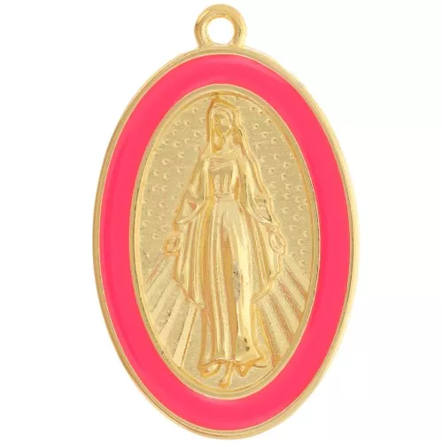 Pendente ovale Madonna 32x20 mm in resina epossidica - Dorato con oro fino - Corallo fluorescente