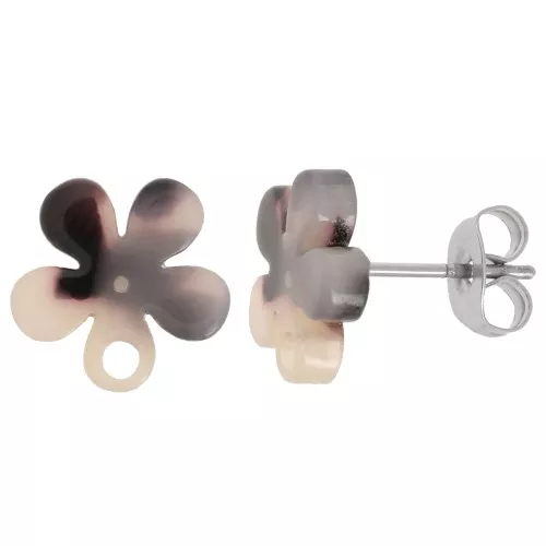 Orecchini perno fiore in acetato 11 mm - Tartaruga - Beige - Nero x2