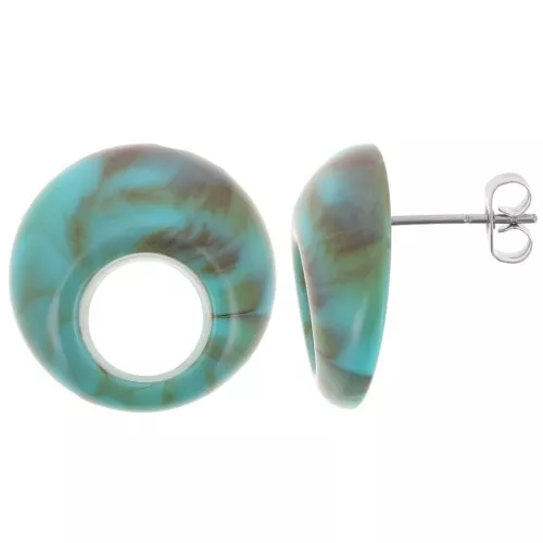 Orecchini perno tondi cavi in acrilico 20 mm - Turchese marmorizzato - Marrone x2