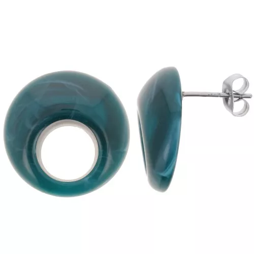 Orecchini perno tondi cavi in acrilico 20 mm - Blu petrolio marmorizzato x2