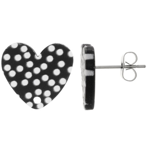Orecchini perno cuore in acrilico 14x15,5 mm - Motivo a pois - Nero - Bianco x2