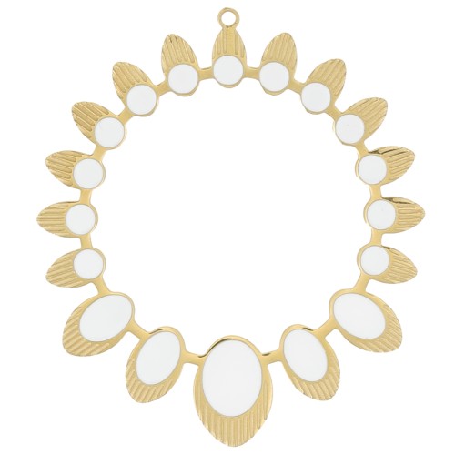 Pendente etnico rotondo da 34 mm - Acciaio inox316L dorato - Bianco