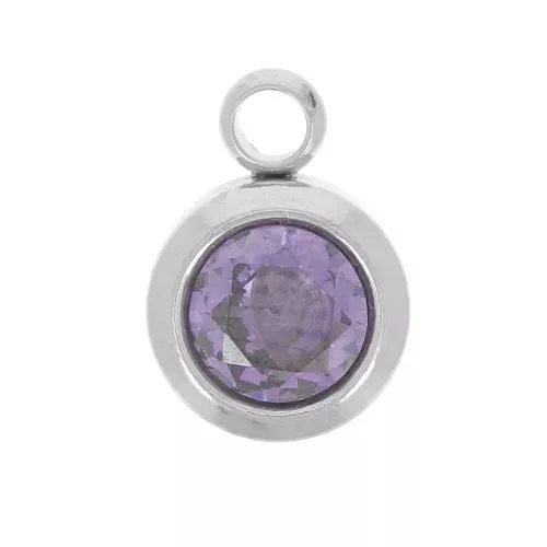 Ciondolo Birthstone 6 mm ossido di zirconio febbraio acciaio inossidabile 304L Ametista