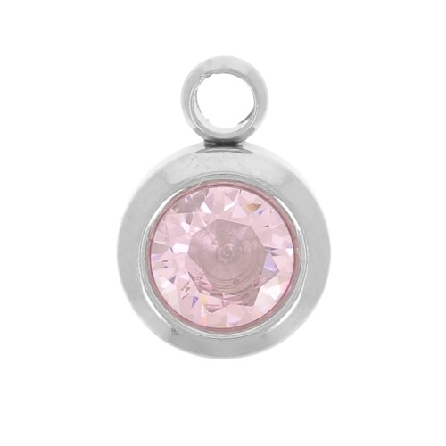 Ciondolo in pietra di nascita 6 mm in ossido di zirconio Ottobre in acciaio inossidabile 304L - Rosa