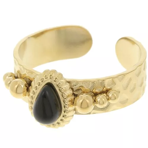 Anello etnico - cabochon 52 - 56 Acciaio inossidabile 304L dorato- onice nera