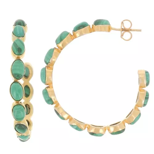 Orecchini cerchio pietre semipreziose - 43 mm - Dorato in oro fino - Malachite x2