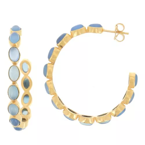 Orecchini creoli con pietre preziose - 43 mm - Dorati in oro fino - Calcedonio blu x2